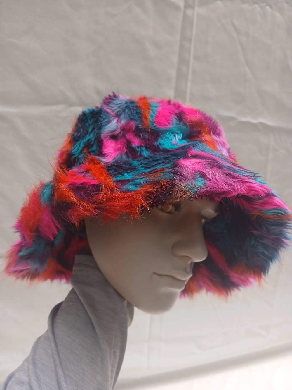 Multicolor Faux Fur Bucket Hat - Bright Pink, Teal & Red